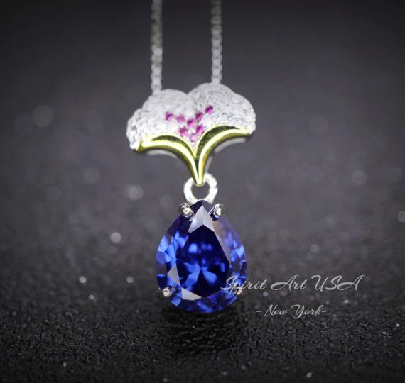 Pear Tanzanite Necklace - Ginkgo biloba 18KGP Sterling Silver - Large Teardrop  3.5 CT  Tanzanite Pendant - Gemstone Leaf Jewelry #823