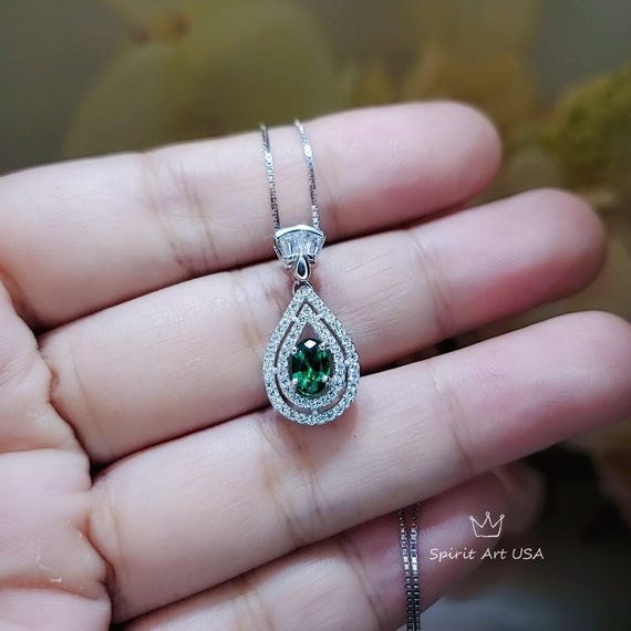 Double Halo Emerald Necklace - Gemstone Teardrop Emerald Pendant - Royal Crown Sterling Silver 18KGP Dainty May Birthstone  green #244