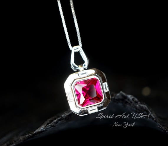 Square Scissor Cut Ruby Necklace - Red Ruby Pendant White gold @ Sterling Silver - July Birthstone   Chain - Red Ruby Pendant #302