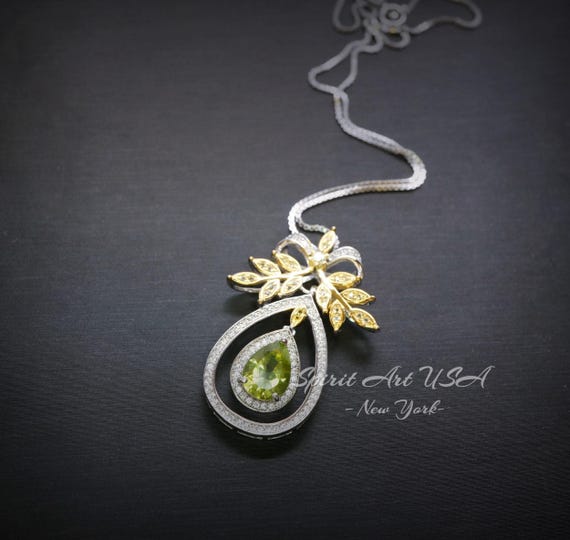 Teardrop Genuine Peridot Necklace The Tree Of Life Pendant 18KGP @ Sterling Silver Olive branch 2.5 Ct  Pear Cut Green Peridot Jewelry #862
