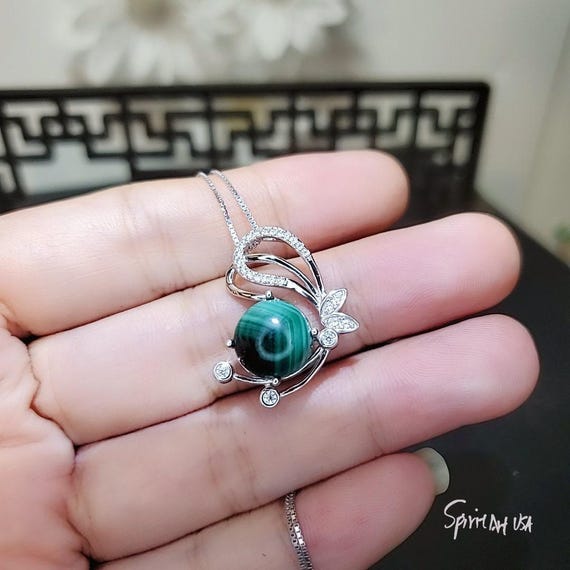 Genuine Malachite Necklace , Sterling Silver Butterfly Pendant,  Sim Gemstone White Gold Plated Natural Green Malachite Jewelry #388