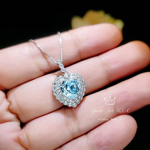 Aquamarine Heart Necklace - Sterling Silver 2 CT Blue Gemstone Gemstone  Aquamarine Pendant - March Birthstone White Gold Plated #366