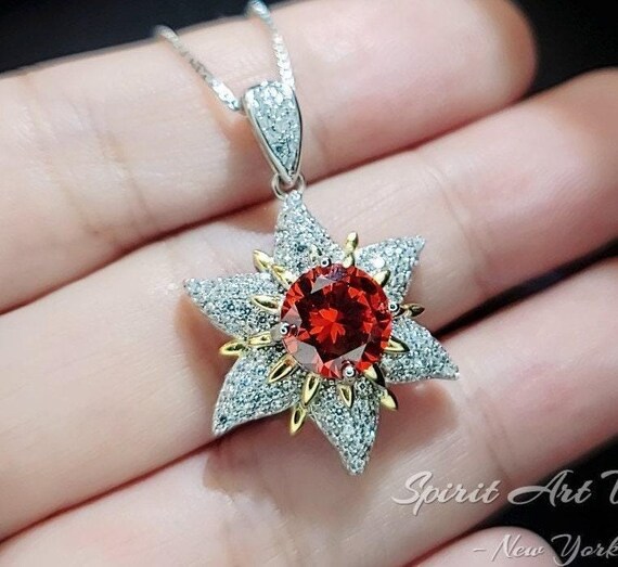 Gemstone Star Sunstone Necklace 18KGP & Sterling Silver -  6 Point Star Pendant -  Orange Spessartite Jewelry -Hexagram  Art Deco #822