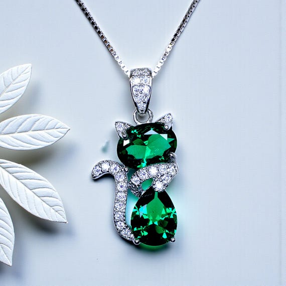 Cat Emerald necklace, Gemstone Kitty Cat Emerald Pendant, Sterling Silver Pet Cat lover gift Kitten Jewelry #217