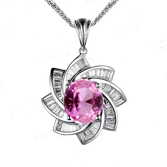 Pink Tourmaline Necklace Sterling Silver Diamond Milky Way Spiral Galaxy Necklace  White Gold Plated - Energy Vortexes Windmill Pendant #847