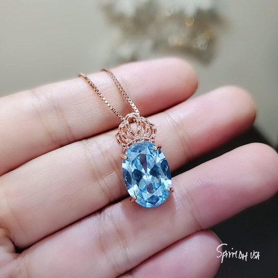 7 CT Aquamarine Necklace Gemstone Crown Rose Gold Sterling Silver Blue Gemstone Pendant Large Oval March Birthstone  Solitaire Halo 800