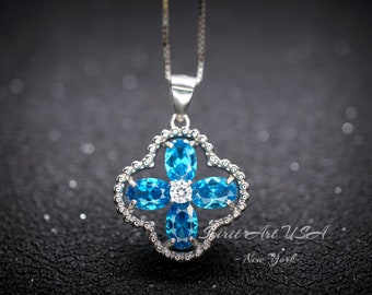 Blue Topaz Necklace - Four Leaf Clover Blue Topaz Pendant - Full Sterling Silver Blue Gemstone Jewelry #135