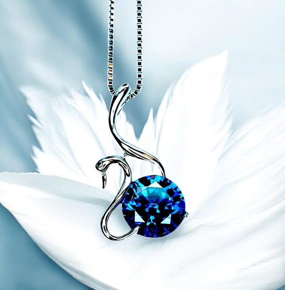 Sapphire Necklace Sterling Silver Swan Jewelry - 18KGP 1.8 ct Round Blue Sapphire Pendant -  Simple September Birthstone Bird Lover #157