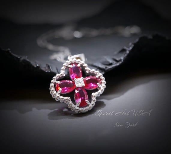 Ruby Necklace - Four Leaf Clover Red Ruby Pendant  - 18KGP @ Sterling Silver - July Birthstone - Four leaf Clover Jewelry #131