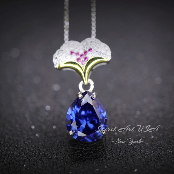 Pear Tanzanite Necklace - Ginkgo biloba 18KGP Sterling Silver - Large Teardrop  3.5 CT  Tanzanite Pendant - Gemstone Leaf Jewelry #823