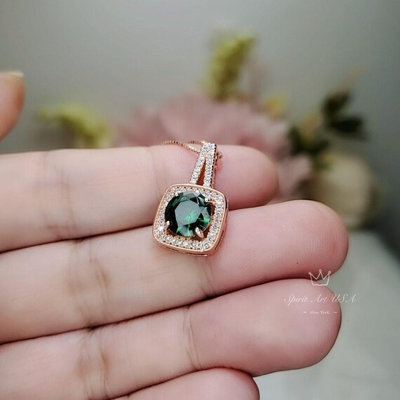 2 CT Emerald Necklace  - Gemstone Square Halo Rose Gold plated Sterling Silver round cut emerald pendant #141