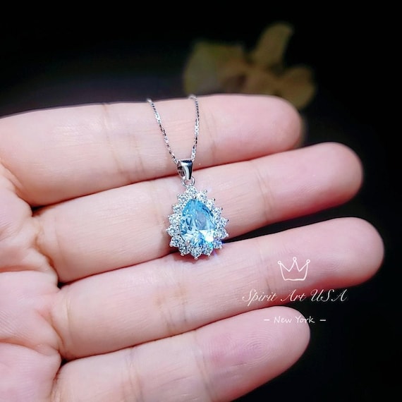 Teardrop Aquamarine Necklace, Sterling Silver 2.5 ct Blue Aquamarine Pendant, Gemstone Halo Pear Blue Gemstone Jewelry #133