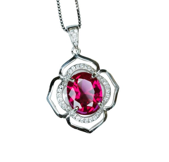 Ruby Necklace Sterling Silver Flower Of Life Red Gemstone 5 CT Pendant Sim Gemstone White Gold plated Large July Birthstone Bridal  #547