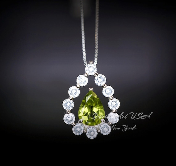 Natural Teardrop Peridot Necklace  Dainty Genuine Green Peridot Pendant Gemstone Rounded Halo Green Gemstone August Birthstone Jewelry #499