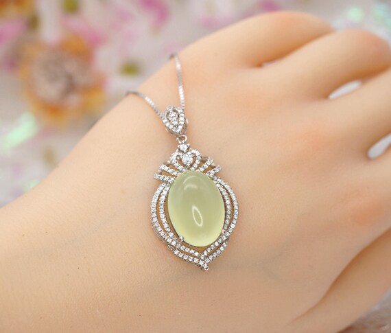 Large Prehnite Necklace - Sterling Silver Green Prehnite Jewelry 1031