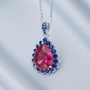 Luxury Teardrop Ruby Necklace - Blue Sapphire Halo Pear Cut 3.75 CT Large Ruby Pendant - 18KGP @ Sterling Silver #589
