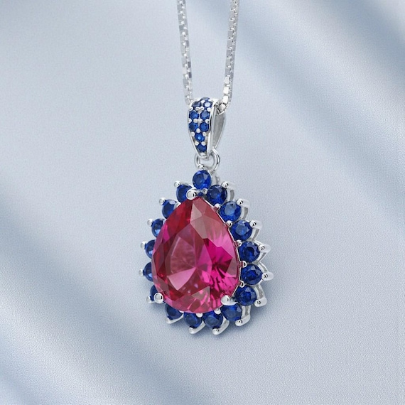 Luxury Teardrop Ruby Necklace - Blue Sapphire Halo Pear Cut 3.75 CT Large Ruby Pendant - 18KGP @ Sterling Silver #589