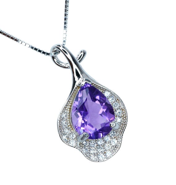 Natural Amethyst Necklace, Gemstone  Petal Flower Pendant,   2.1 CT Genuine Purple Amethyst Pendant Sterling Silver White Gold Plated #455