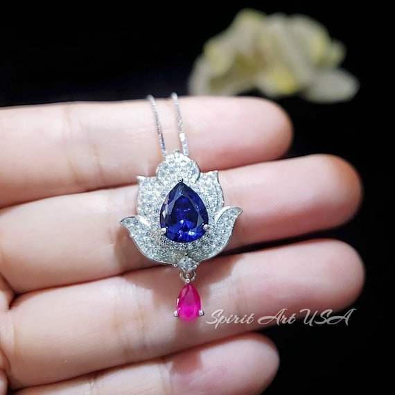 Tanzanite Necklace - Gemstone Lotus Flower Pendant - Sterling Silver  - Teardrop Halo Large Deep  Blue Tanzanite 2.75 CT #921