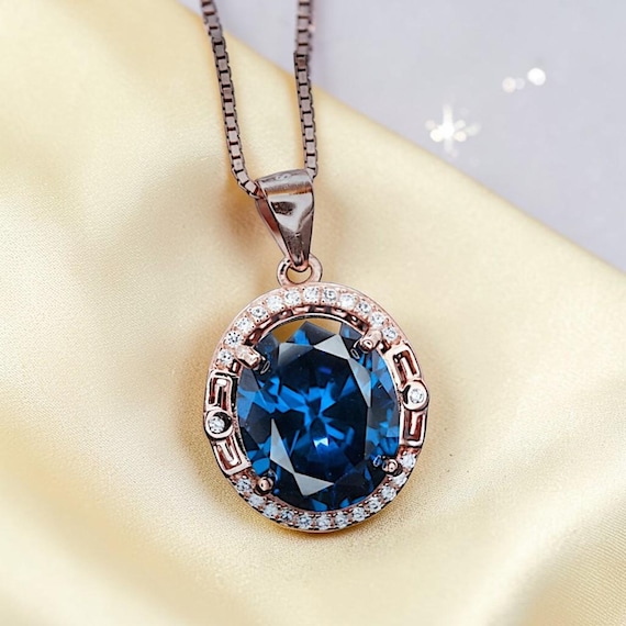 Rose Gold Blue Sapphire Necklace 4.5 CT Oval Royal Blue Gemstone Gemstone Halo Sterling Silver Pendant September Birthstone #745