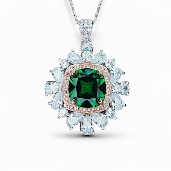 Large Square Emerald Necklace  Gemstone Halo Gold Square 7 CT 10 MM Green Emerald Pendant Sterling Silver White Gold plated #809