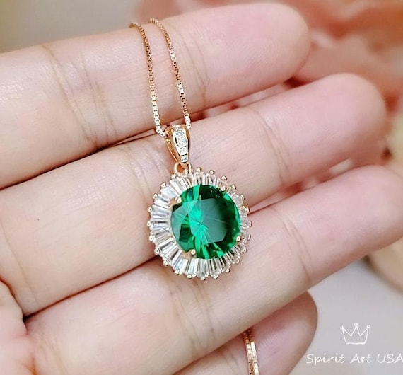 Round 3 CT Emerald Necklace Rose gold Gemstone Sun Halo Pendant Sterling Silver #525