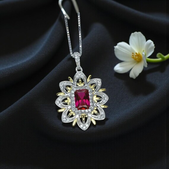 Ruby Necklace -Water Lily Flower Pendant - White  Plated Sterling Silver - 1 CT  Ruby Pendant - Goddess Athena Necklace #560