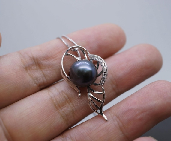 Genuine Black Pearl Necklace - Sterling Silver  Leaf  Single Pearl Jewelry #467
