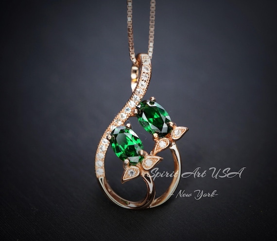 Emerald Necklace - Rose Gold Coated Sterling Silver - Leaf Flower Double Green Gemstone - May Birthstone -  Dainty Emerald Pendant #260