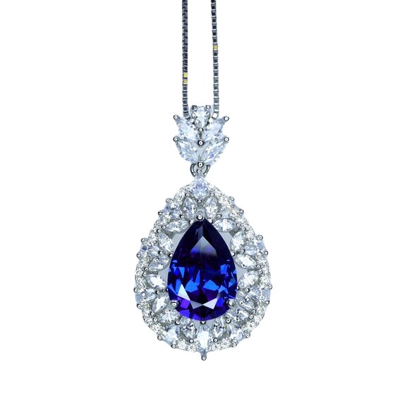 Teardrop Tanzanite Necklace - 18 k White Gold @ Sterling Silver -  3 CT  Blue Tanzanite - Gemstone Flower December Birthstone #900