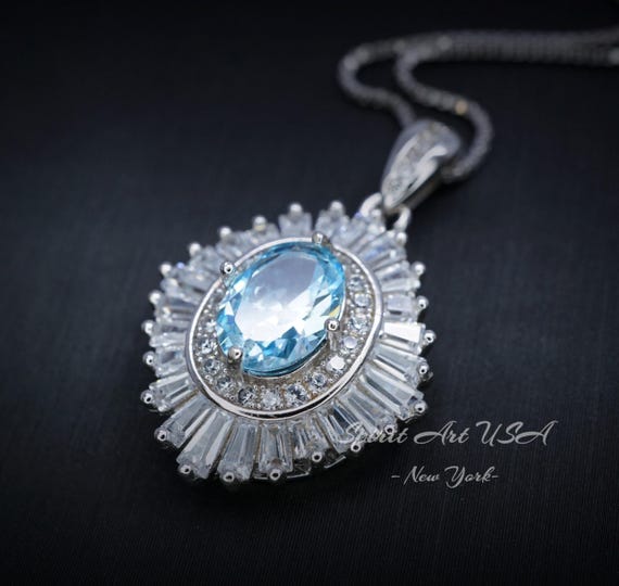 Luxury Aquamarine Necklace - Halo Sim Gemstone 18kgp @ Sterling Silver - Sky Blue Aquamarine Pedant -  March Birthstone #537