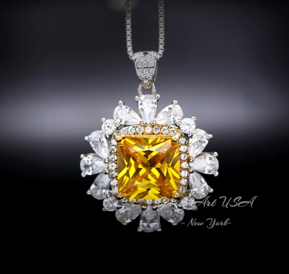 Yellow Moissanite Gemstone Necklace -  Halo Square 7 CT  Yellow Gemstone Pendant - November Birthstone-18KGP 925S #874