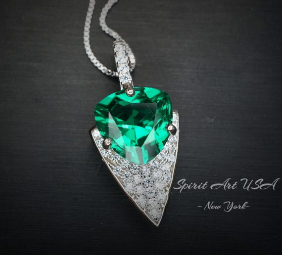 Large Trillion Cut Emerald Necklace - 18KGP Sterling Silver - Protective Queen's  Guard Sword - May Birthstone #763
