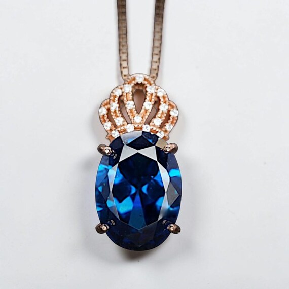 Sapphire Necklace Rose gold Sterling Silver -  Large Gemstone Crown - 5 CT Oval Cut Lab Created Blue Sapphire Pendant #829