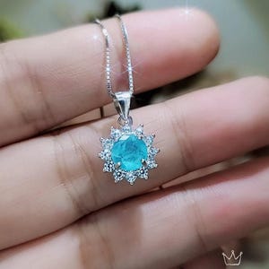 Tiny Paraiba Necklace - sterling silver sunflower Blue tourmaline - Pricess Diana Style Paraiba pendant 025