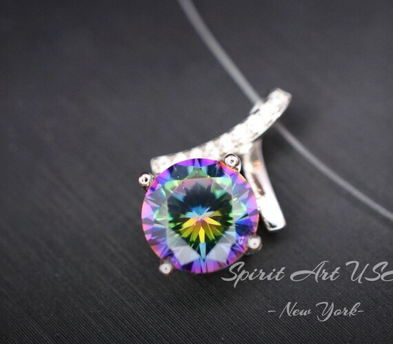 2.2 CT Mystic Topaz Necklace  -  Gemstone Simple Bowknot Rainbow Topaz Sterling Silver  - White Gold plated Minimalist Rainbow Gemstone #101
