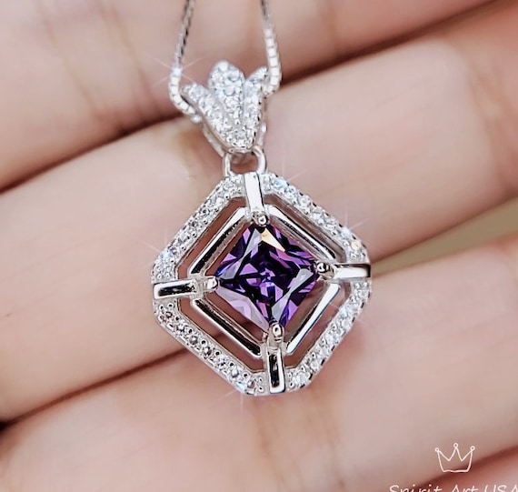Square Synthetic Amethyst Necklace Sterling Silver Diamond Crown White Gold coated Purple Amethyst Pendant Jewelry February Birthstone #104