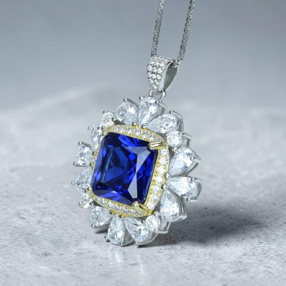 Large Square Tanzanite Necklace -  Gemstone Halo Square  Sterling Silver 18KGP - 7 CT 10 MM Lab Created Tanzanite Jewelry #810