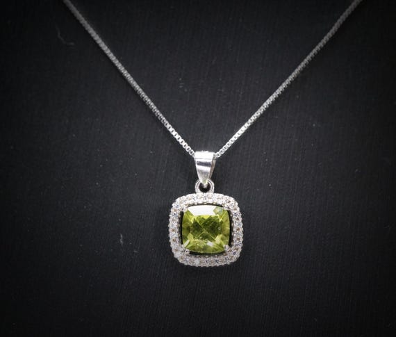 Genuine Green Peridot Necklace - Sterling Silver - Natural Peridot - Square Green Gemstone - Birthstone - Tiny Peridot Pendant #1014