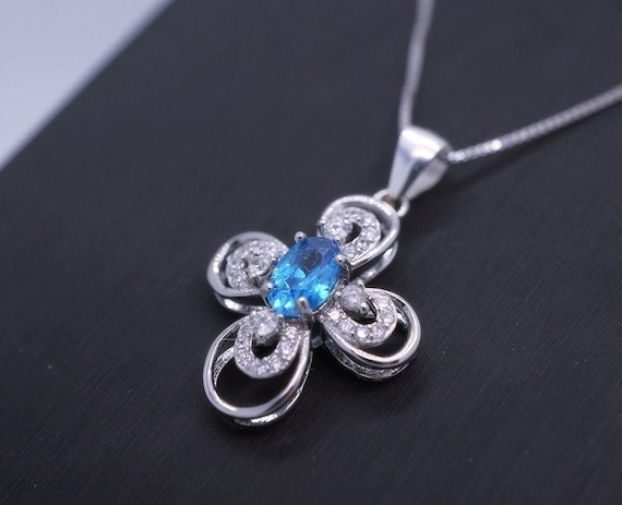Topaz Cross Necklace - 18KGP @ Sterling Silver -  Cross Flower - Blue Topaz Necklace - Blue Topaz pendant - Blue Topaz jewelry #239