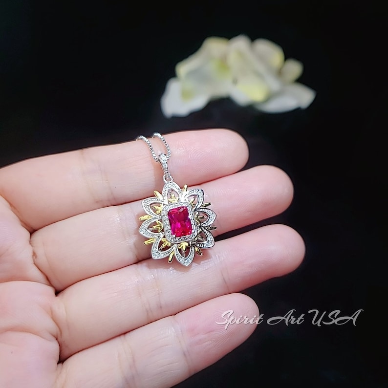 Ruby Necklace Water Lily Flower Pendant White Yellow Gold Plated Sterling Silver 1 CT Rectangle Red Gemstone Pendant Diamond July Birthstone
