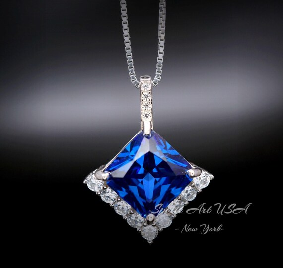 Large Blue Sapphire Necklace - 6.5 CT  Square Princess Cut Blue Sapphire Pendant -  September Birthstone #770