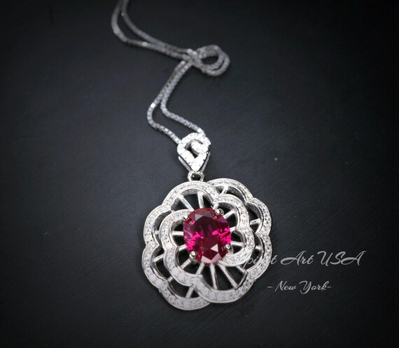Gemstone Peony Red Ruby Necklace , 2.1 CT Red Ruby Pendant ,  Large White Gold plated Sterling Silver Flower #761