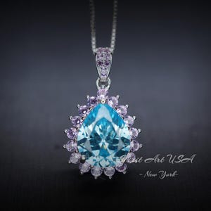 Large Aquamarine Necklace - Pink tourmaline accent Pendant - 18KGP @ Sterling Silver - Pear Cut 4 CT Aquamarine Pendant #596