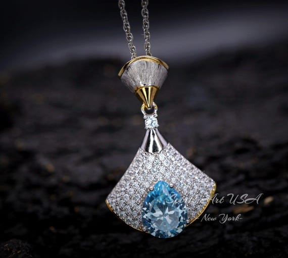 Brilliant Blue Aquamarine Necklace - 18KGP & Sterling Silver -  Gemstone Drop 3 CT Blue Aquamarine Jewelry #857