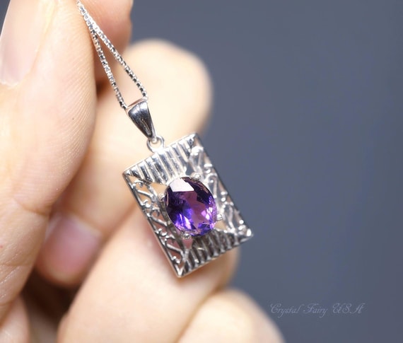 Sterling Silver Amethyst Necklace, Geometric Rectangle Natural Amethyst Pendant 925 Silver Box Chain February Birthstone 1055