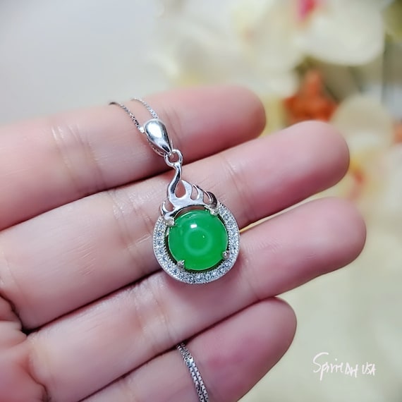 Green Emerald Jade Necklace - 925 Sterling Silver Fire Style Green Stone Necklace  May Birthstone CZ Pendant 1050