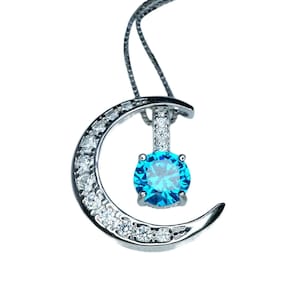 Blue Topaz Necklace Crescent Moon Pendant Sterling Silver Two Separated Pendant #229