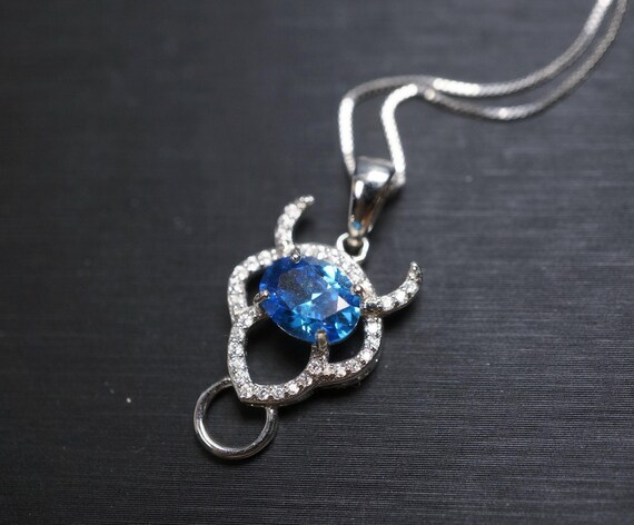 Blue Topaz Necklace - Sterling Silver Bull Ox Pendant  - Blue Topaz Jewelry - 18kgp Buffalo Necklace #136