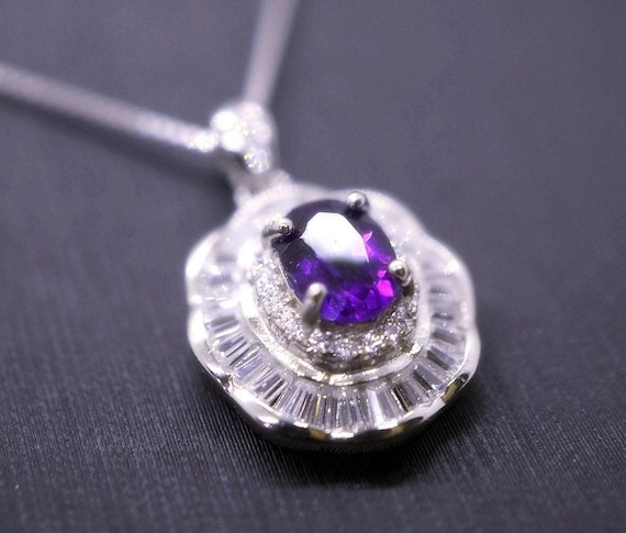 Genuine Amethyst Necklace -  Gemstone Lotus Leaf -Sterling Silver - White Gold Coated - Natural Amethyst February Birthstone #523